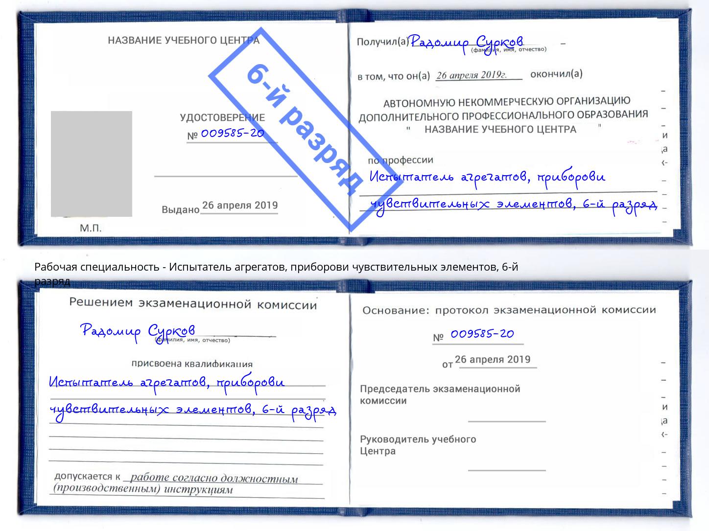 корочка 6-й разряд Испытатель агрегатов, приборови чувствительных элементов Ливны