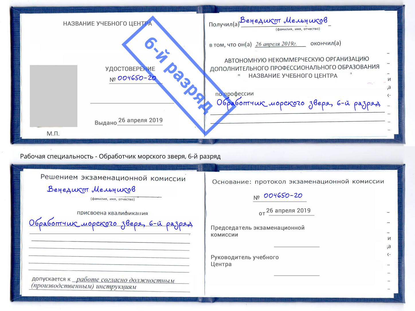 корочка 6-й разряд Обработчик морского зверя Ливны