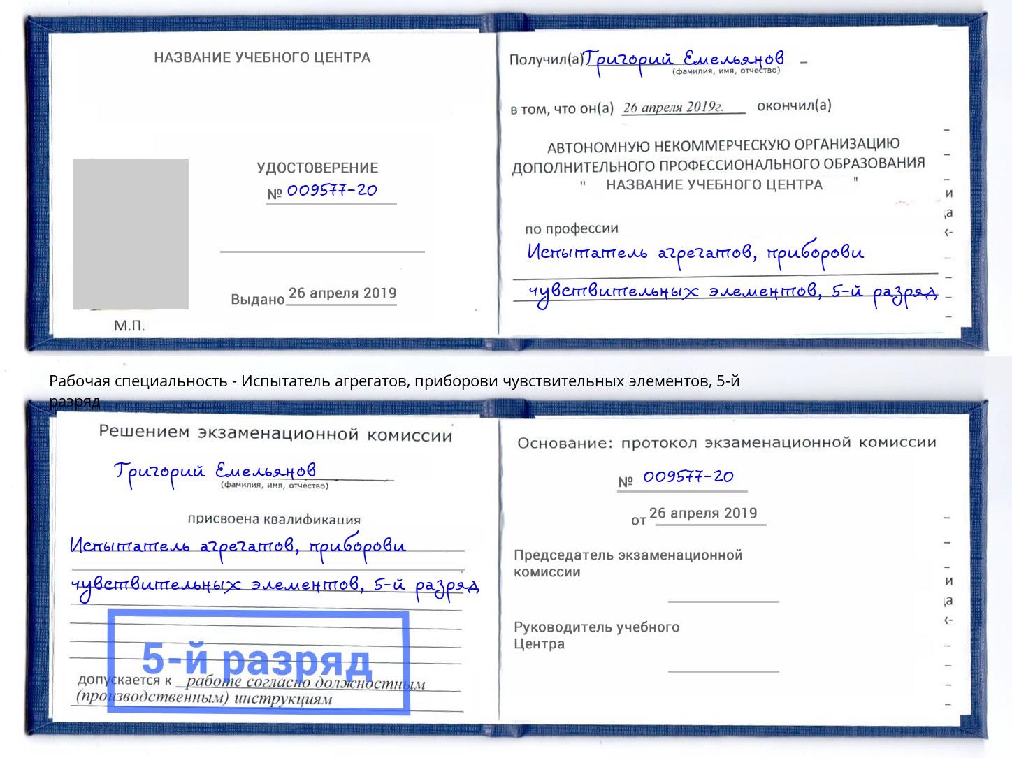 корочка 5-й разряд Испытатель агрегатов, приборови чувствительных элементов Ливны