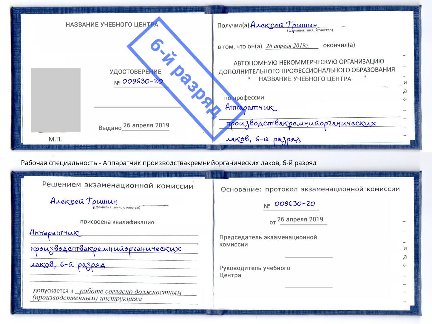 корочка 6-й разряд Аппаратчик производствакремнийорганических лаков Ливны