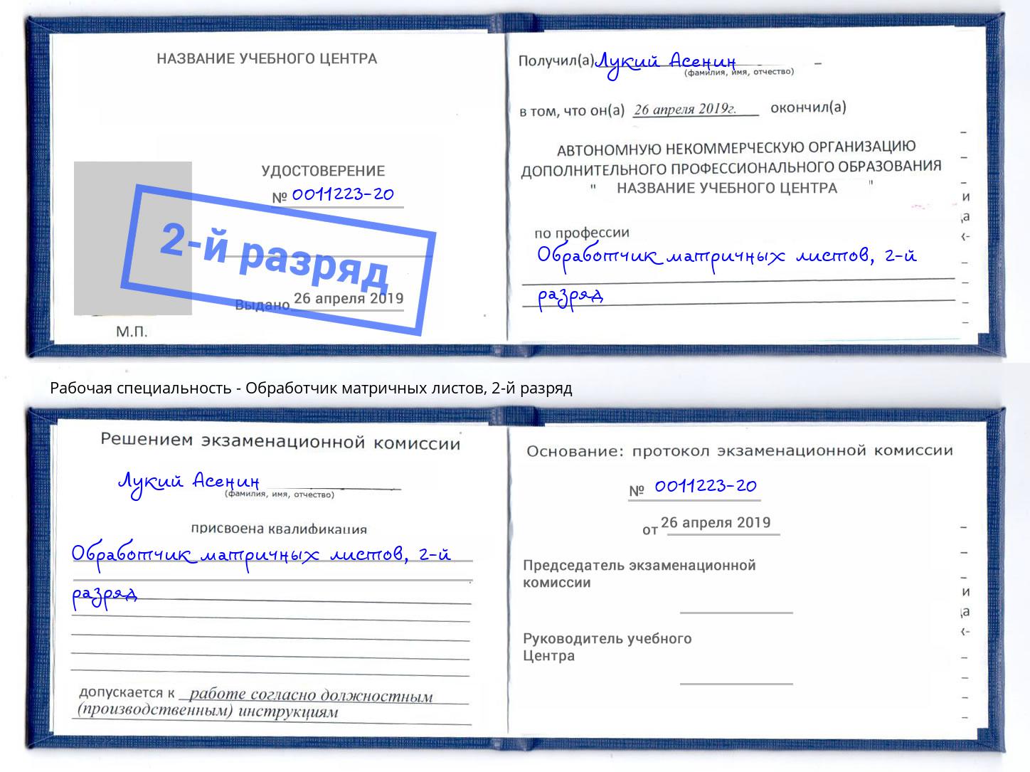 корочка 2-й разряд Обработчик матричных листов Ливны