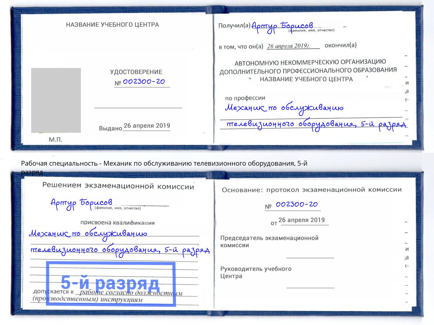 корочка 5-й разряд Механик по обслуживанию телевизионного оборудования Ливны